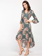 Shein Tie Neck Bell Sleeve Frilled Dip Hem Dress