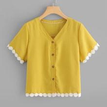 Shein Single Breasted Lace Trim Blouse