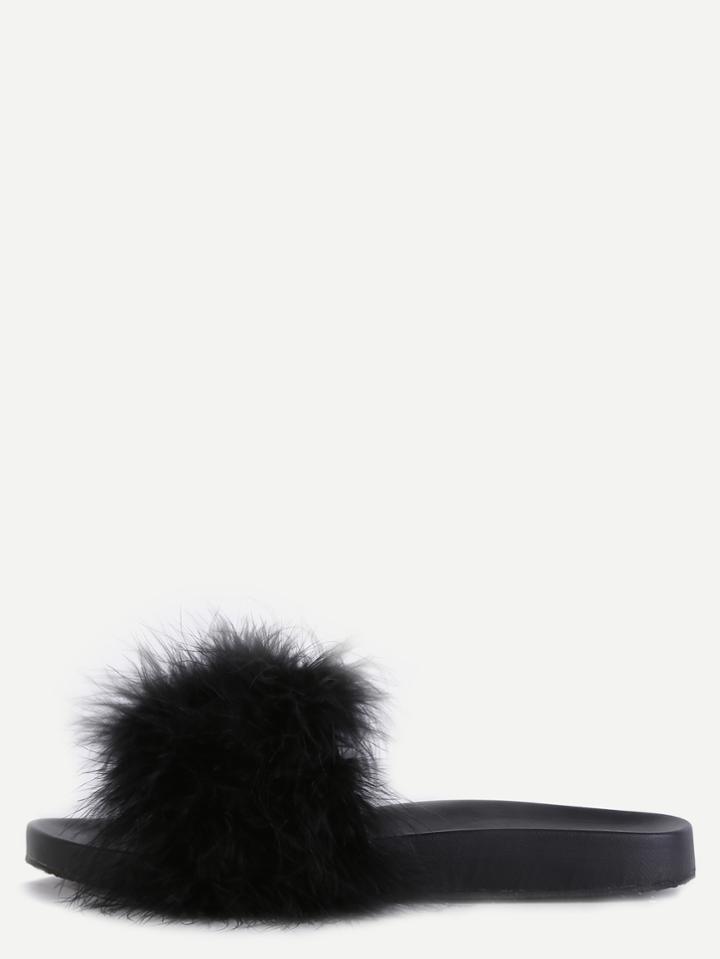 Shein Black Faux Fur Soft Sole Flat Slippers