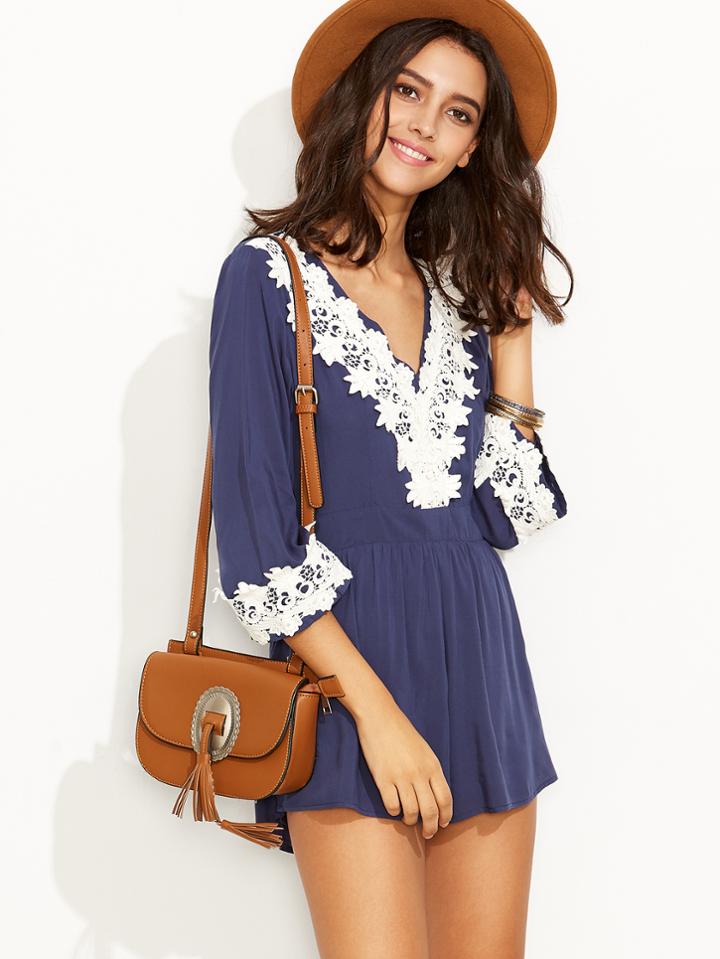 Shein Contrast Appliques V Neck Keyhole Back Romper