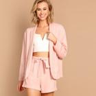 Shein Pocket Front Shawl Collar Blazer & Belted Shorts Set