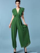 Shein Green Deep V Neck Ruffle Chiffon Jumpsuit