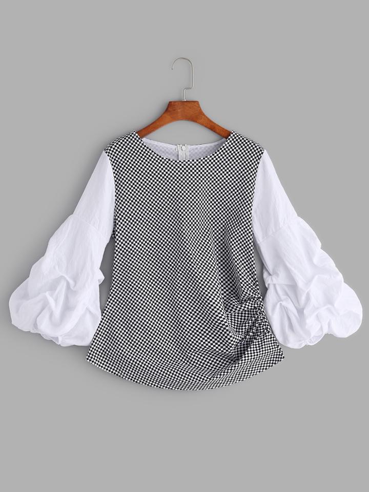 Shein Contrast Lantern Sleeve Shirred Side Checkered Blouse