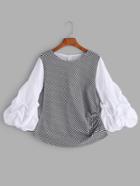 Shein Contrast Lantern Sleeve Shirred Side Checkered Blouse