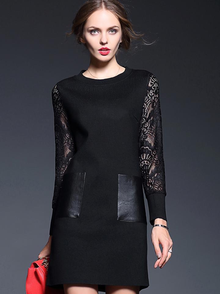 Shein Black Round Neck Long Sleeve Pockets Contrast Lace Dress