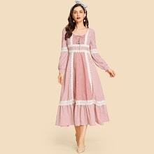 Shein Lace Up Front Lace Insert Striped Dress