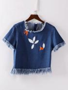 Shein Frayed Trim Embroidery Denim Top