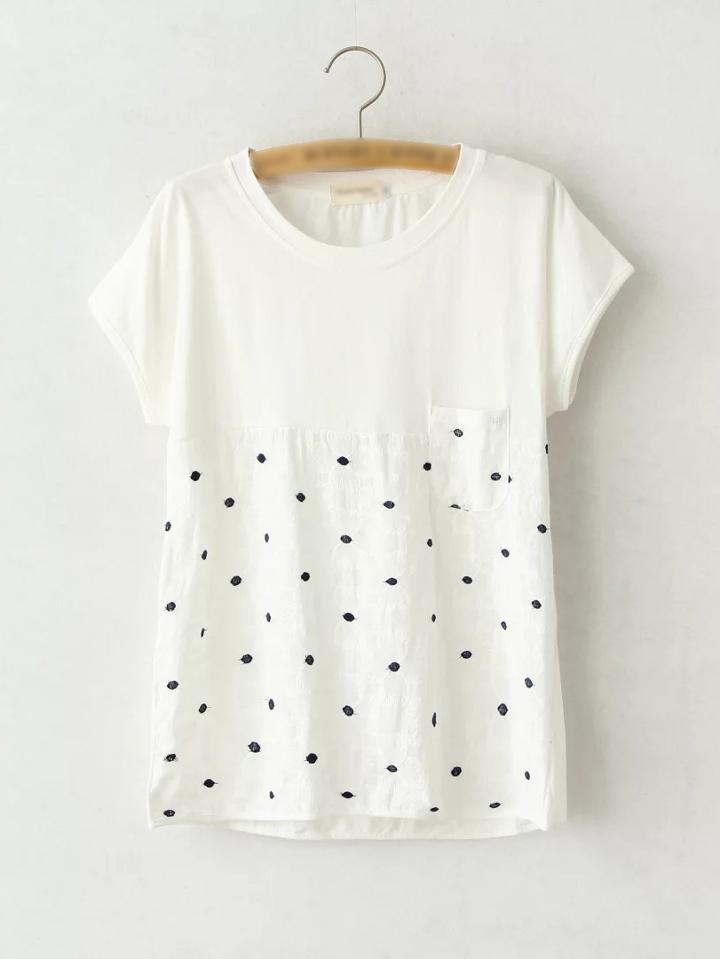 Shein White Short Sleeve Polka Dots Embroidery Pocket T-shirt