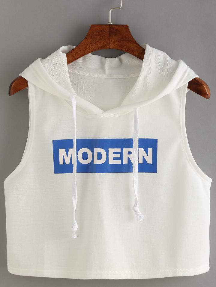 Shein Letter Print Crop Hoodie Tank Top - White