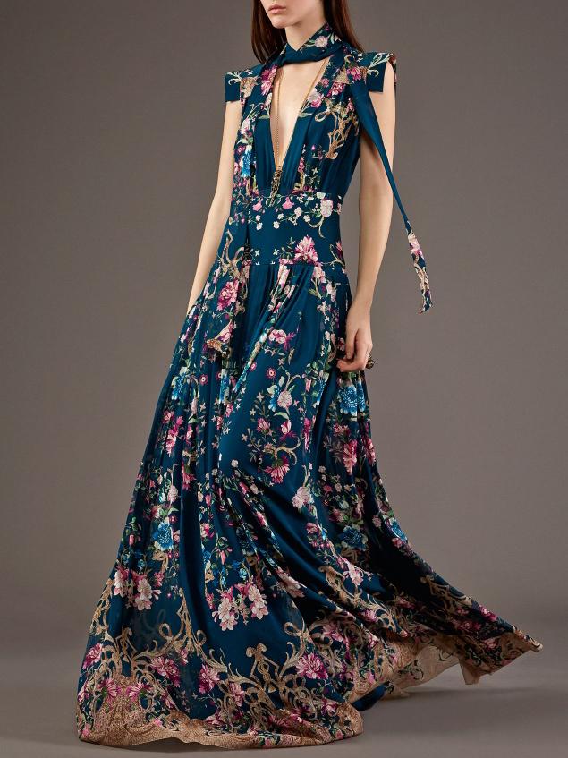 Shein Navy Deep V Neck Tie Sleeveless Print Maxi Dress