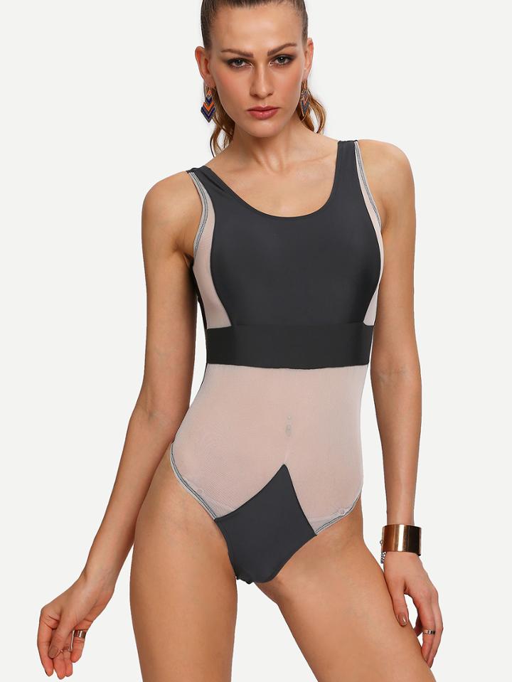 Shein Mesh Insert Backless One-piece Swimwear - Black
