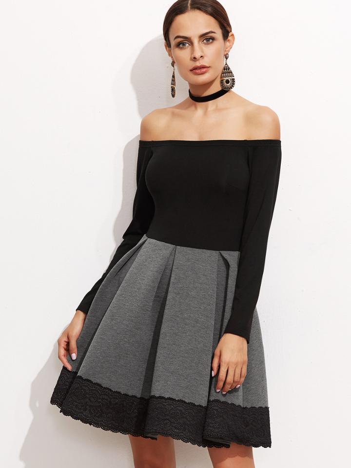 Shein Color Block Off The Shoulder Lace Trim Skater Dress