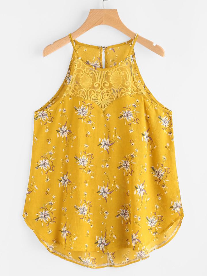 Shein Embroidered Mesh Panel Curved Hem Florals Cami Top