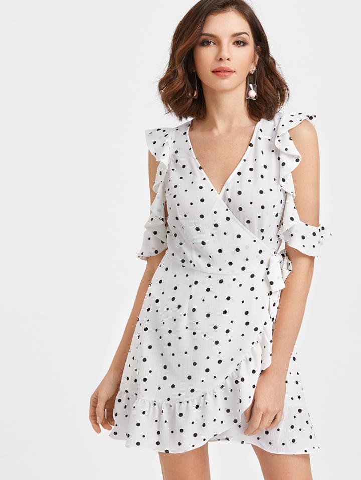 Shein White Polka Dot Open Shoulder Ruffle Trim Wrap Dress