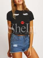 Shein Black Crew Neck Cartoon Pattern Cropped T-shirt