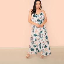 Shein Plus Jungle Leaf Print Ruffle Trim Asymmetrical Wrap Dress