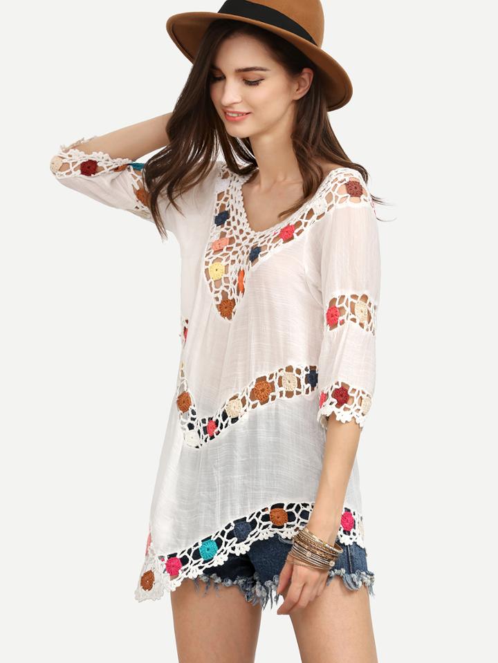 Shein White Hollow Out Crochet Insert Blouse