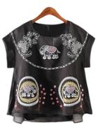 Shein Black Elephant Embroidery Organza Blouse With Strap