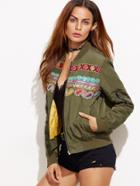 Shein Army Green Embroidered Sequins Embedded Jacket