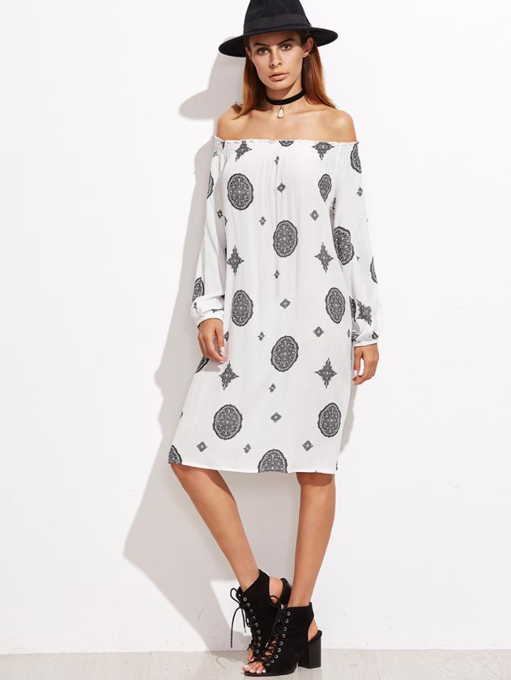 Shein White Tribal Print Off The  Shoulder Lantern Sleeve Dress