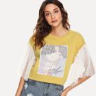 Shein Lace Panel Sleeve Girl Print Tee