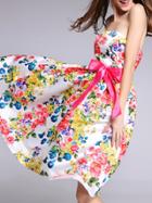 Shein White Strapless Backless Tie-waist Floral Dress