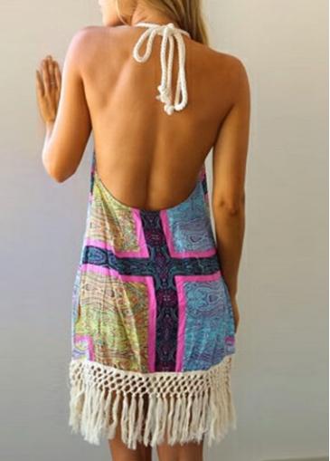 Rosewe Fringe Decorated Open Back Printed Dress