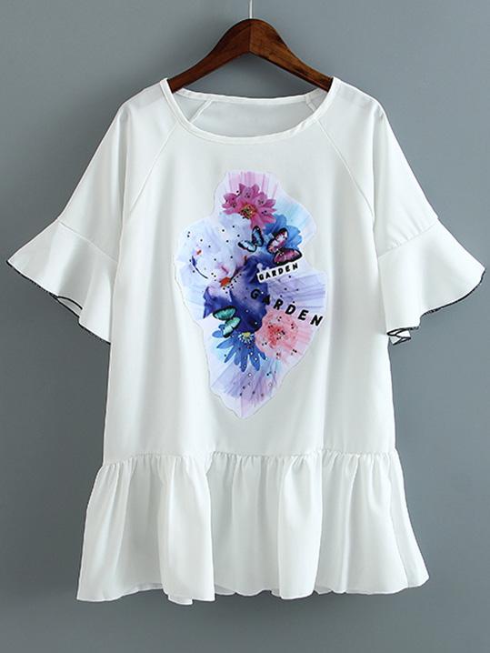 Shein White Bell Sleeve Rhinestone Flower Patch Shift Dress