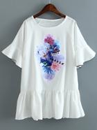 Shein White Bell Sleeve Rhinestone Flower Patch Shift Dress