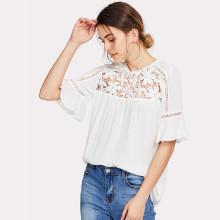 Shein Hollow Floral Lace Yoke Keyhole Back Top