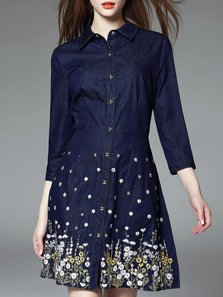Shein Blue Lapel Length Sleeve Embroidered Denim Dress