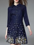 Shein Blue Lapel Length Sleeve Embroidered Denim Dress