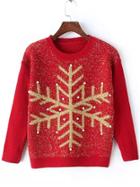 Shein Red Round Neck Snowflake Patterned Bead Sweater