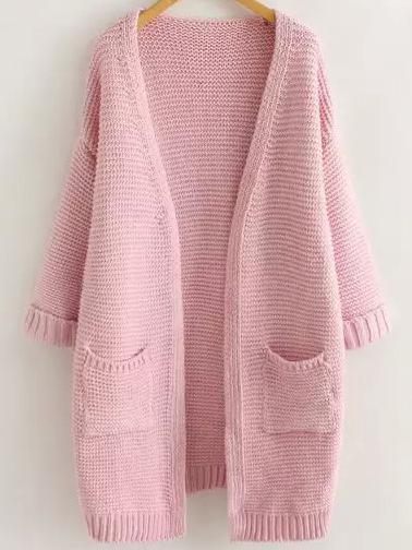 Shein Pink Long Sleeve Casual Pockets Cardigan