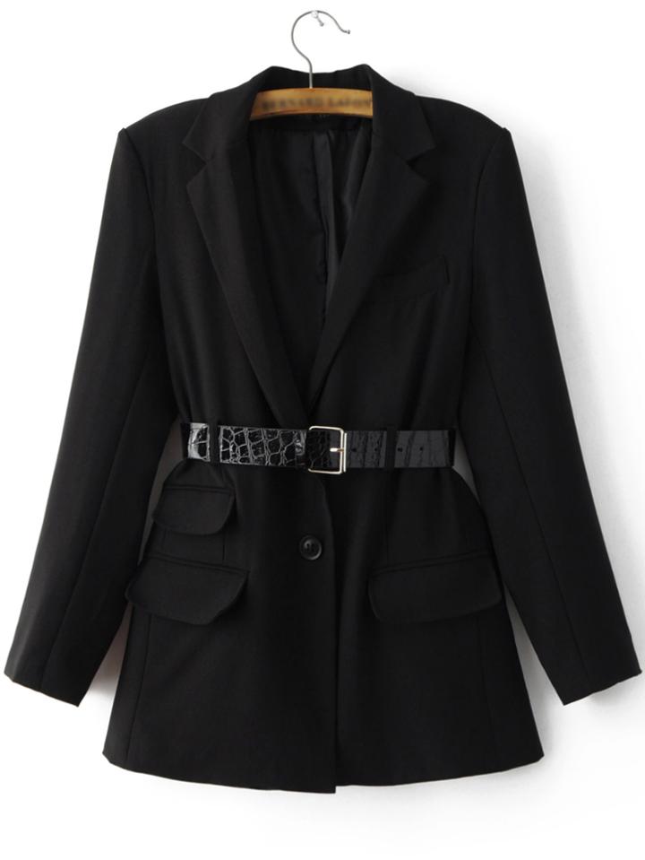 Shein Black Lapel Single Button Blazer With Belt