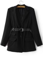 Shein Black Lapel Single Button Blazer With Belt