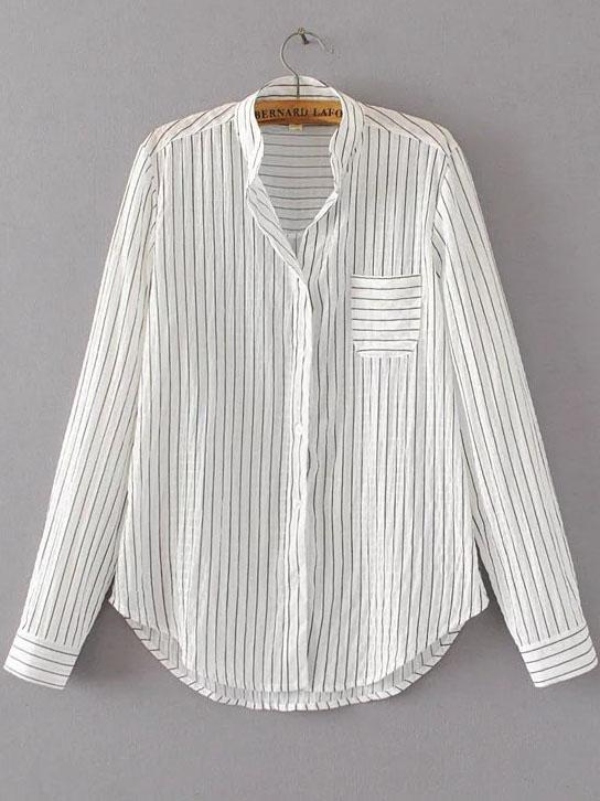 Shein White Vertical Striped Curved Hem Blouse With Pocket