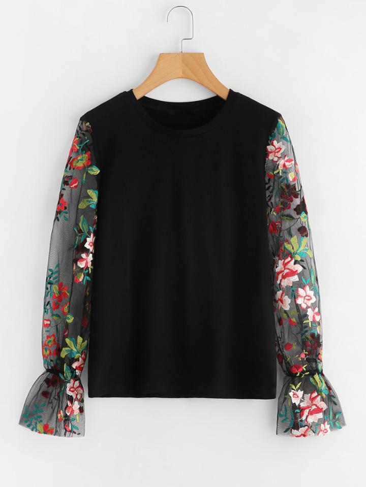 Shein Embroidered Mesh Sleeve Sweatshirt