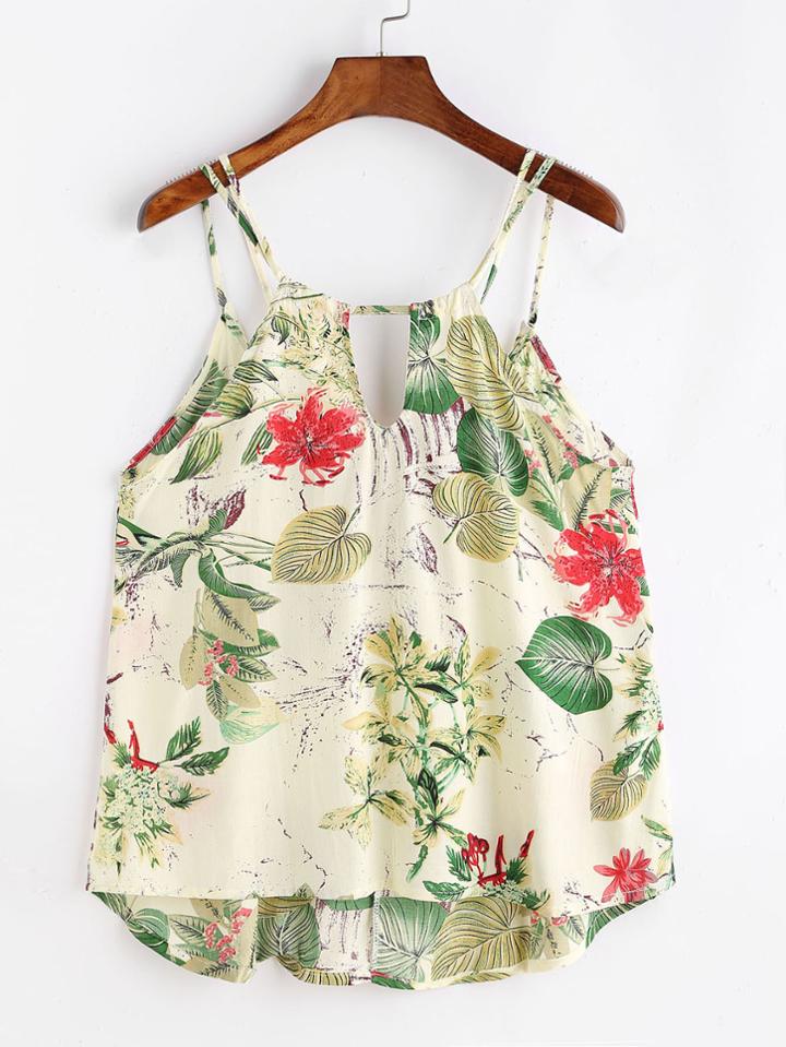 Shein Tropical Print Lattice Dip Hem Cami Top