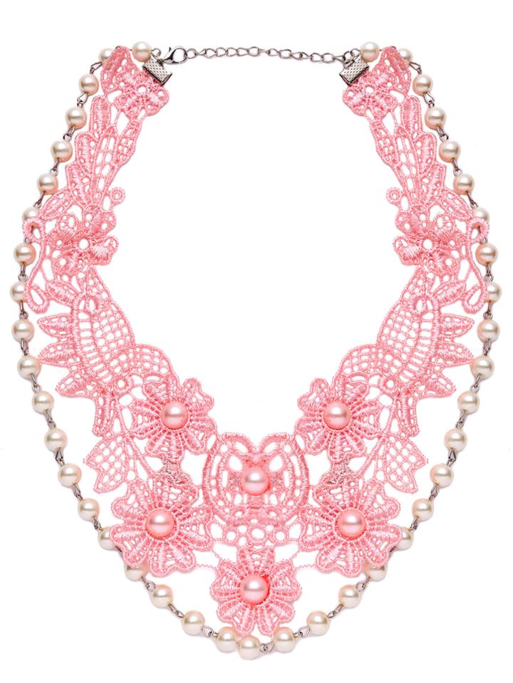 Shein Pink Flower Lace Faux Pearl Embellished Statement Necklace