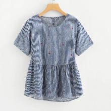 Shein Striped Keyhole Back Dip Hem Smock Blouse