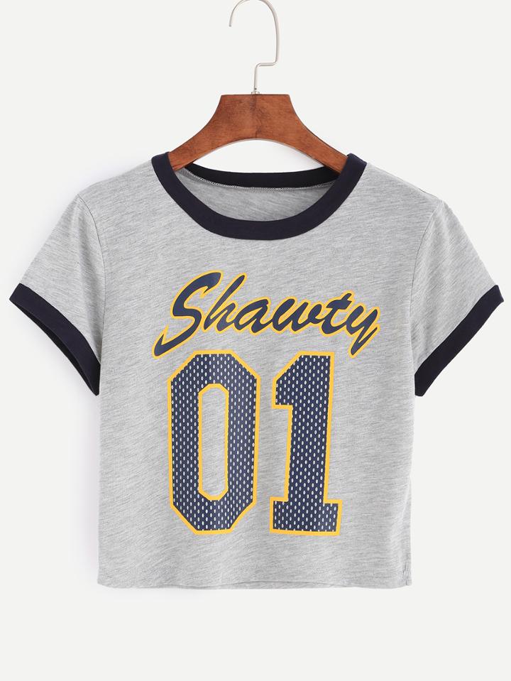 Shein Grey Varsity Print Contrast Trim T-shirt