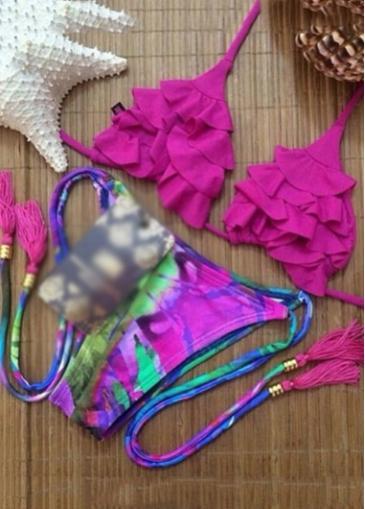 Rosewe Ruffles Decorated Rose Hater Bra Triangle Bikini