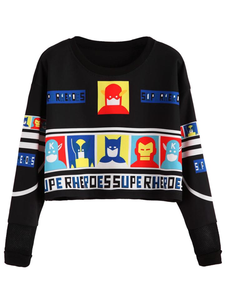 Shein Black Cartoon Print Crop Sweatshirt