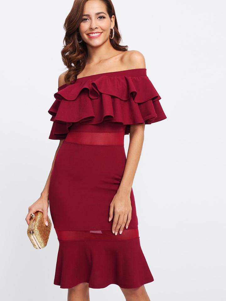 Shein Flounce Layered Mesh Insert Fishtail Dress