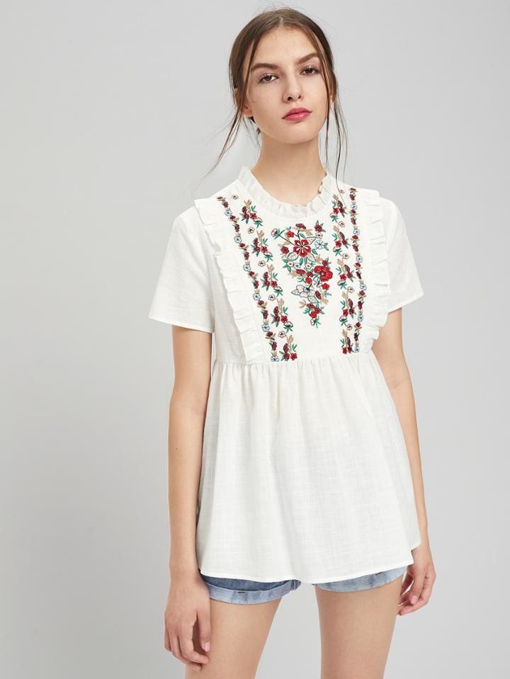 Shein Embroidered Yoke Frill Trim Smock Top