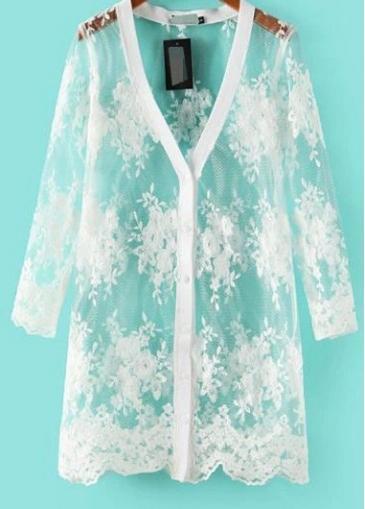 Rosewe Chic V Neck Long Sleeve Lace Cardigans White