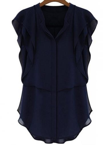 Rosewe V Neck Butterfly Sleeve Navy Blouse