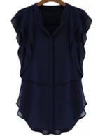 Rosewe V Neck Butterfly Sleeve Navy Blouse