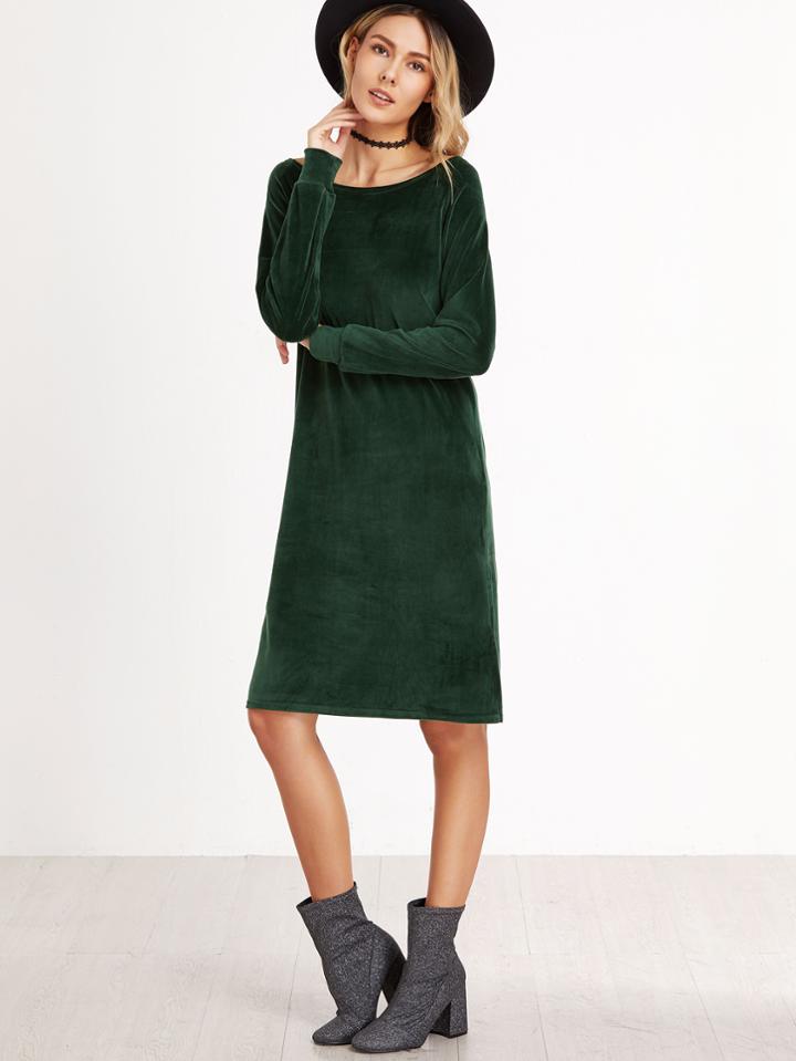 Shein Dark Green Velvet Long Sleeve Slit Side Dress